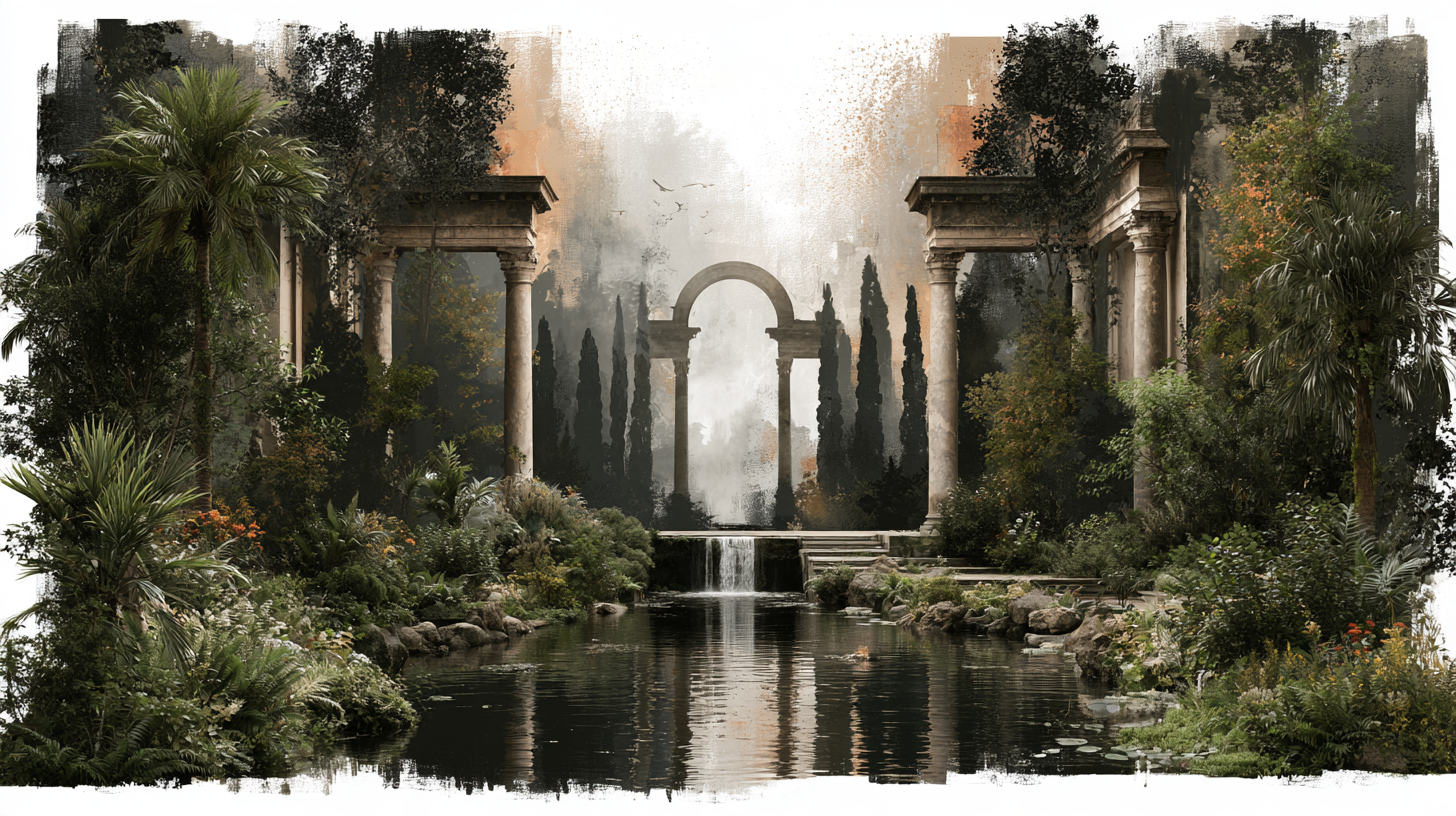 Giardino dipinto con arco in pietra tra colonne, palme e cipressi